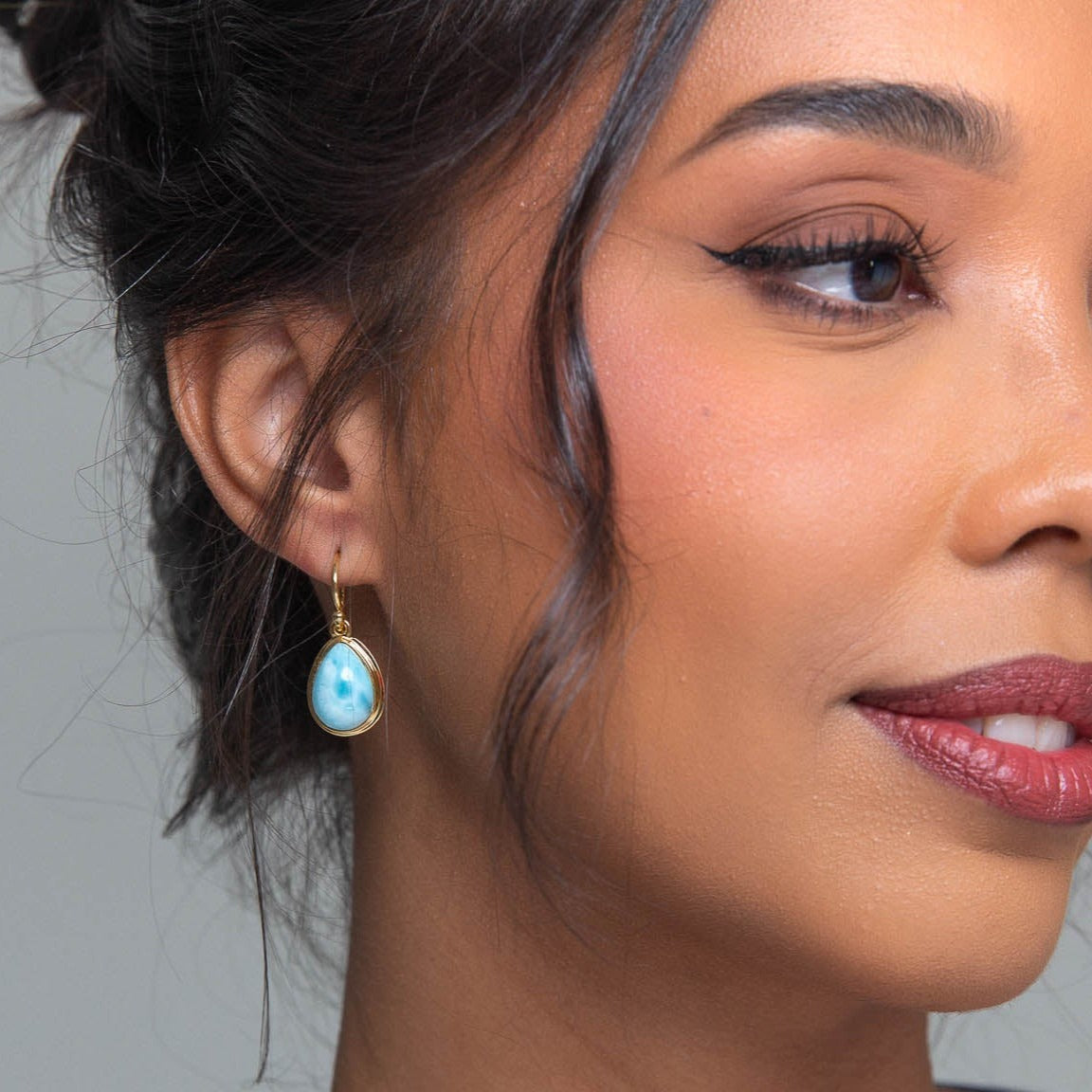 Drop gold and Larimar stone earrings Dani