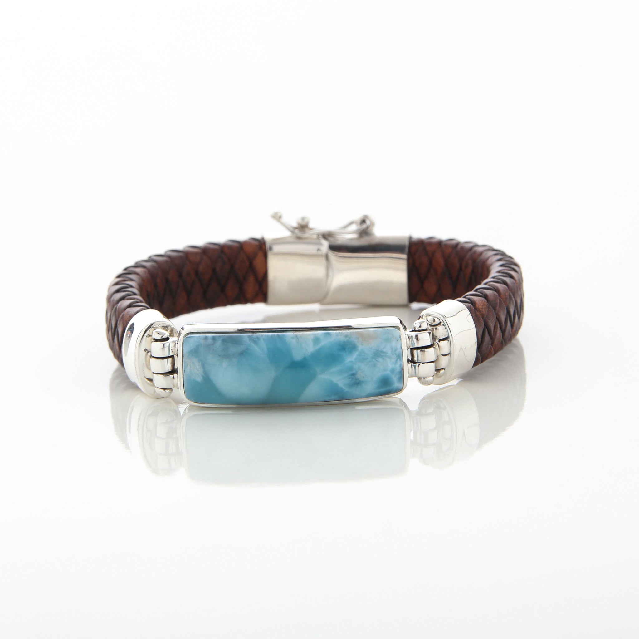 Larimar stone Brown Leather Bracelet for men