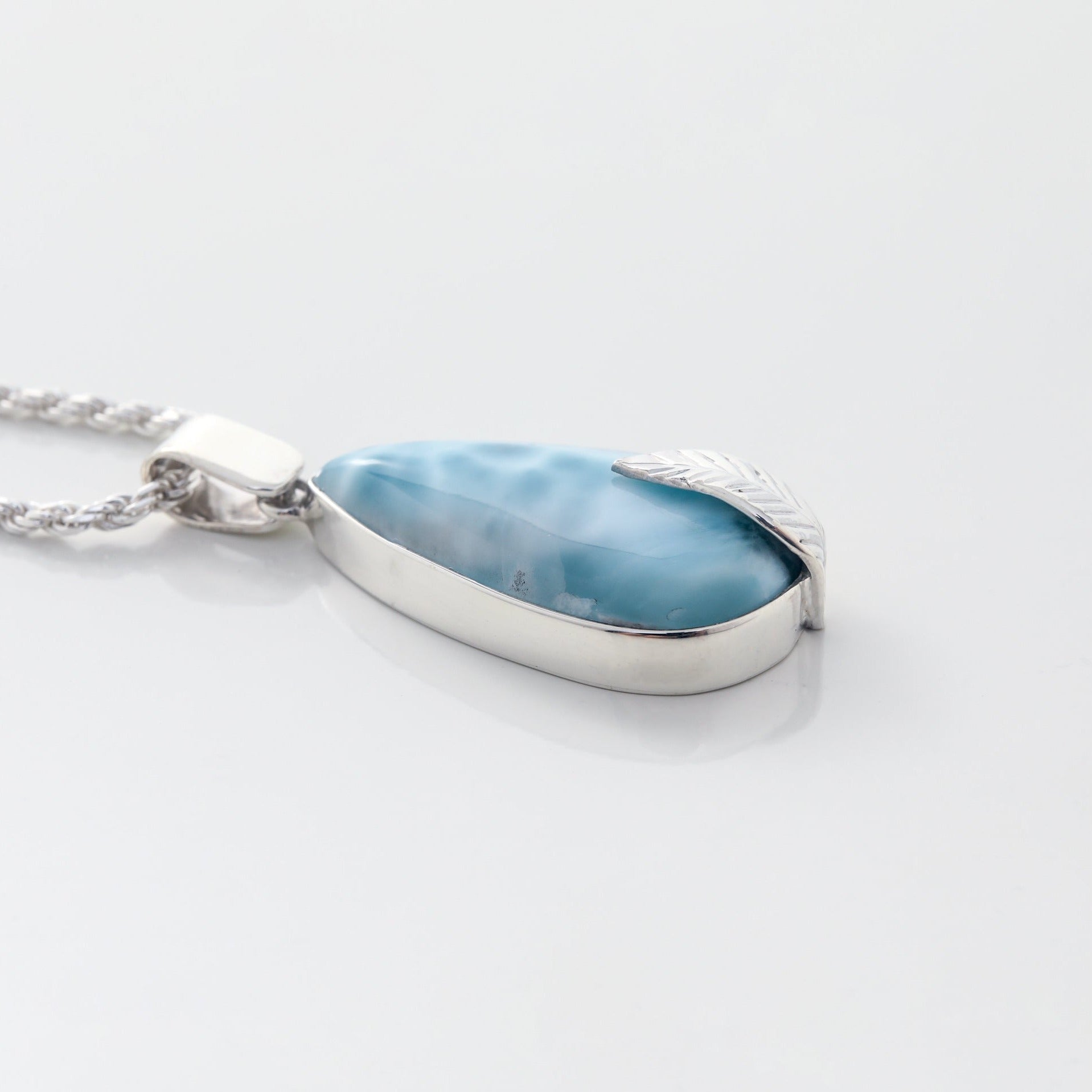Larimar Teardrop Pendant with Silver Leaf Detail