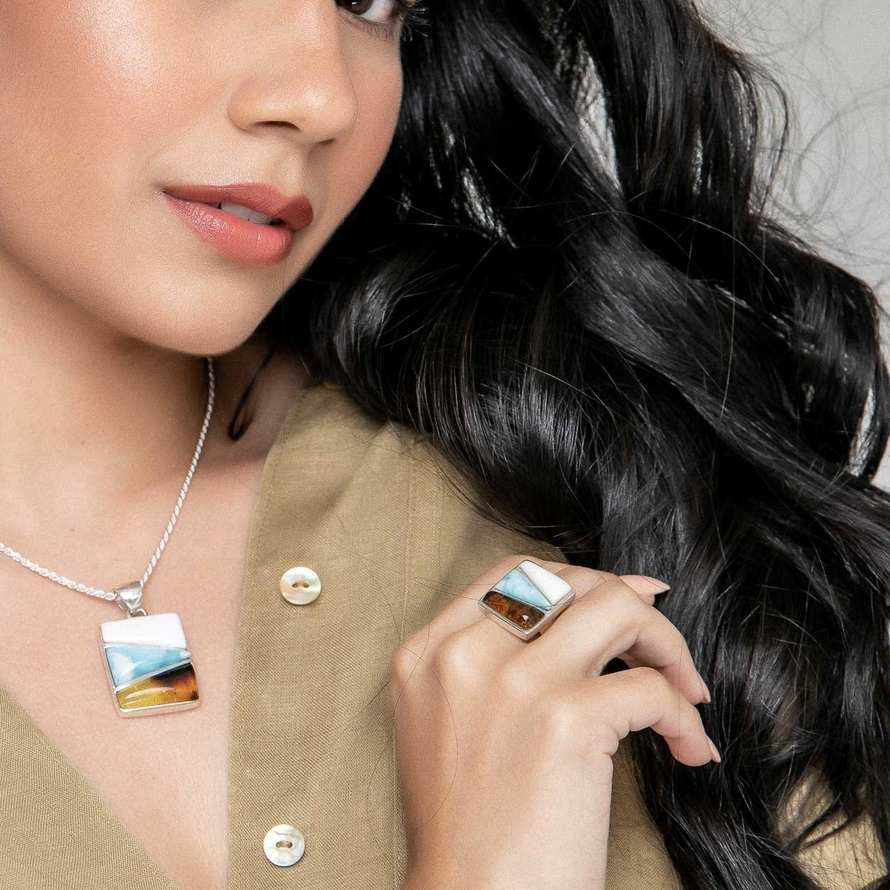 Amber Larimar and pearl ring for women