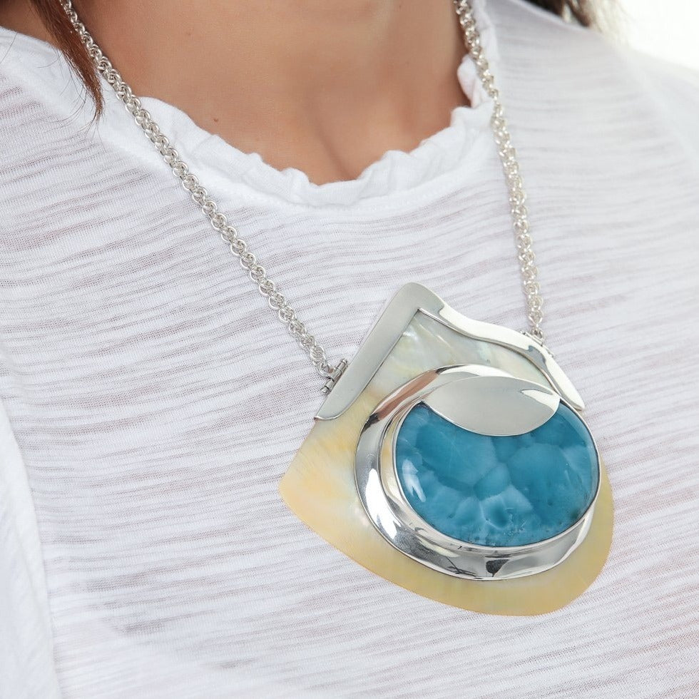 Larimar Seashell Pendant Necklace, Secret of the Sea