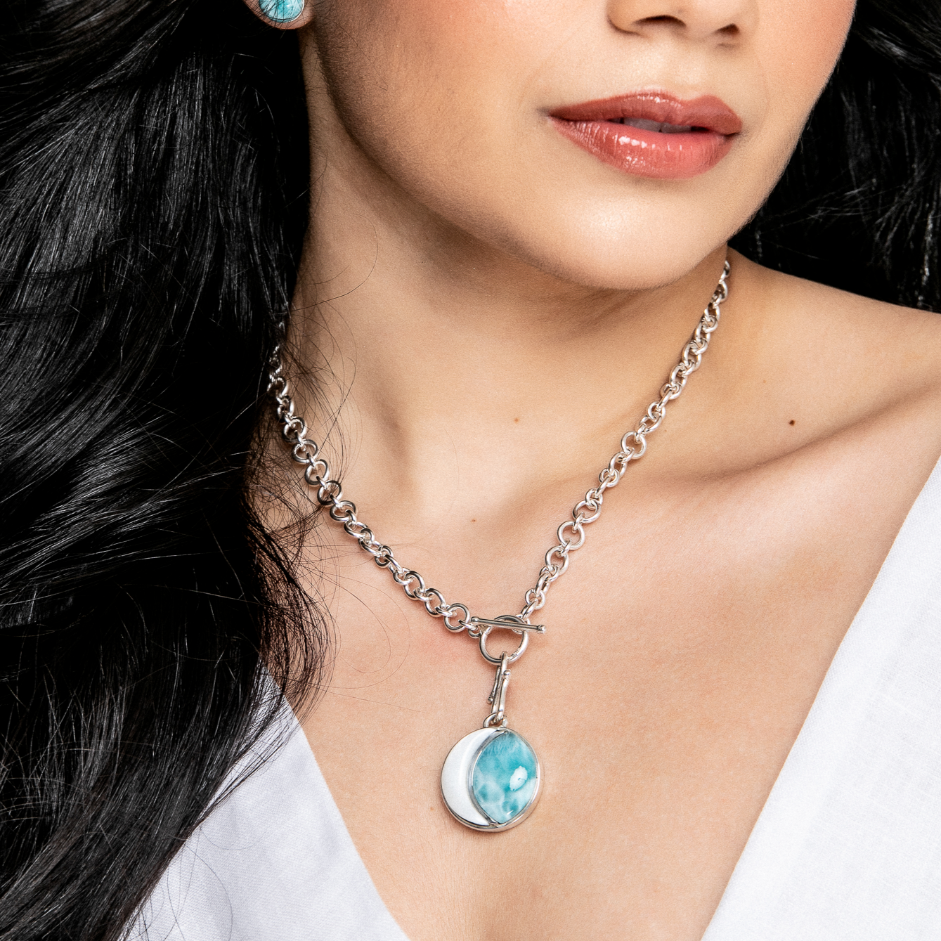 Moon Shaped Pearl and Larimar Charm