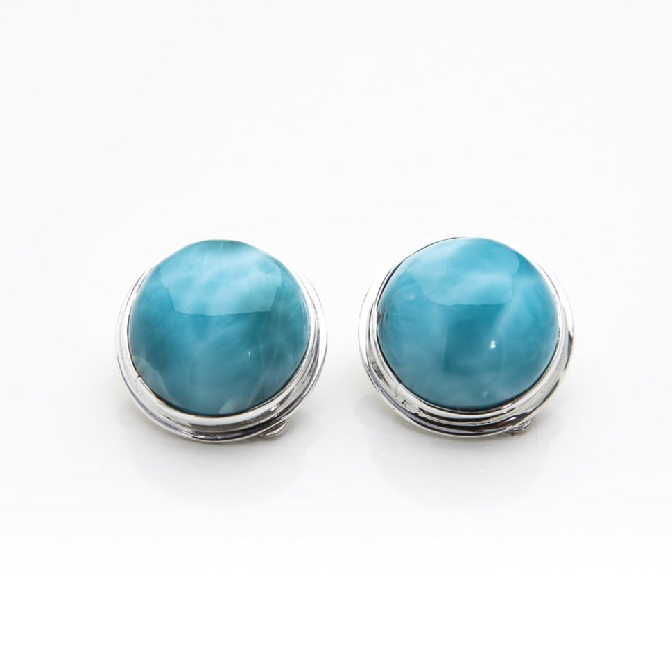 Round Larimar Clip On Earrings, Maggie