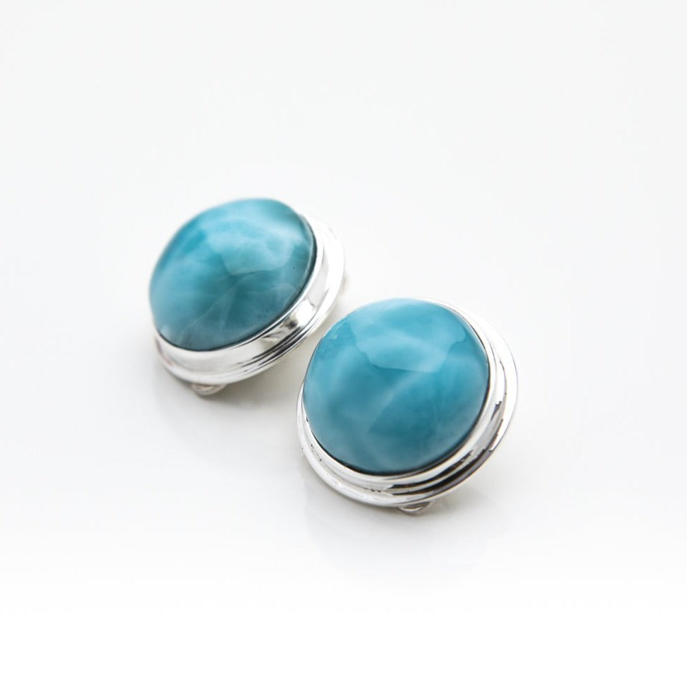 Round Larimar Clip On Earrings, Maggie