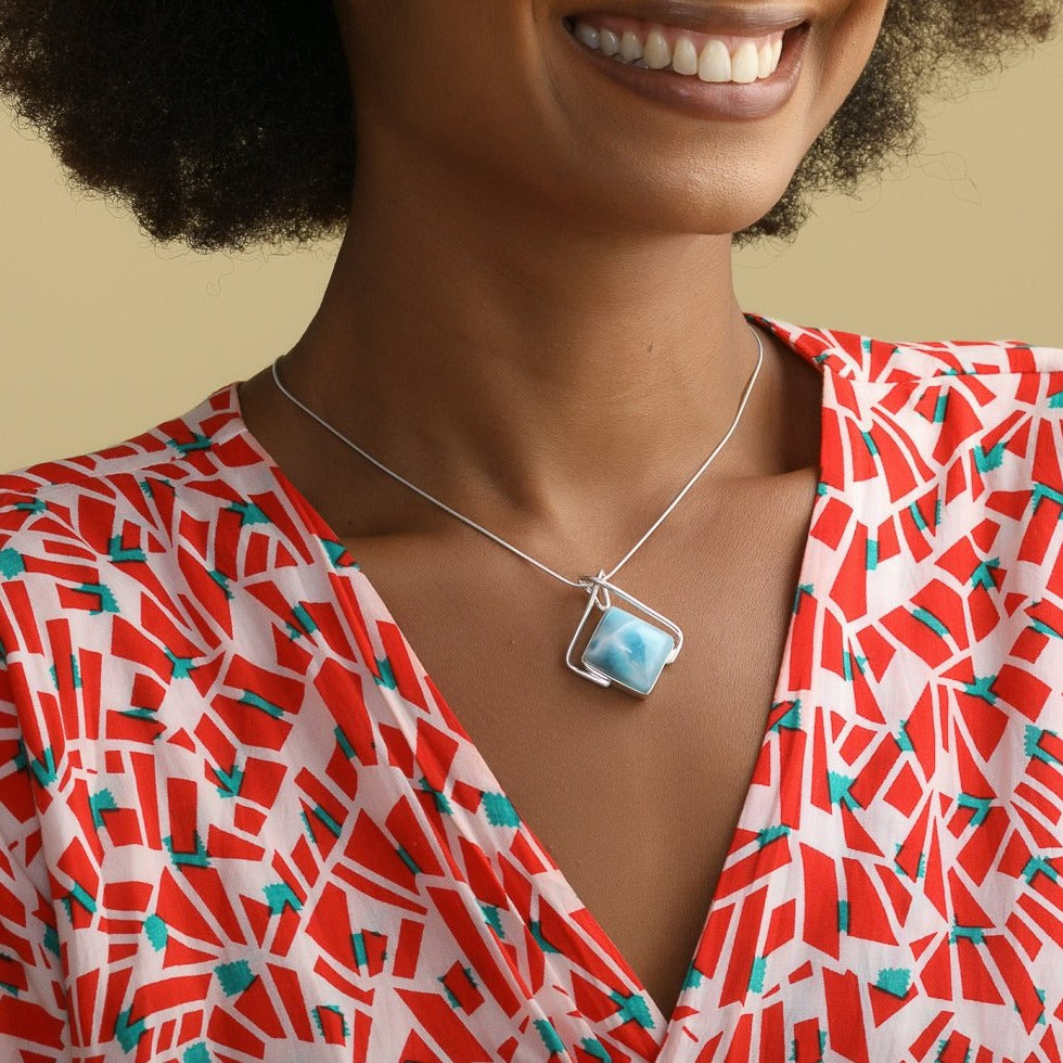 Square Larimar Stone Pendant, Mariel