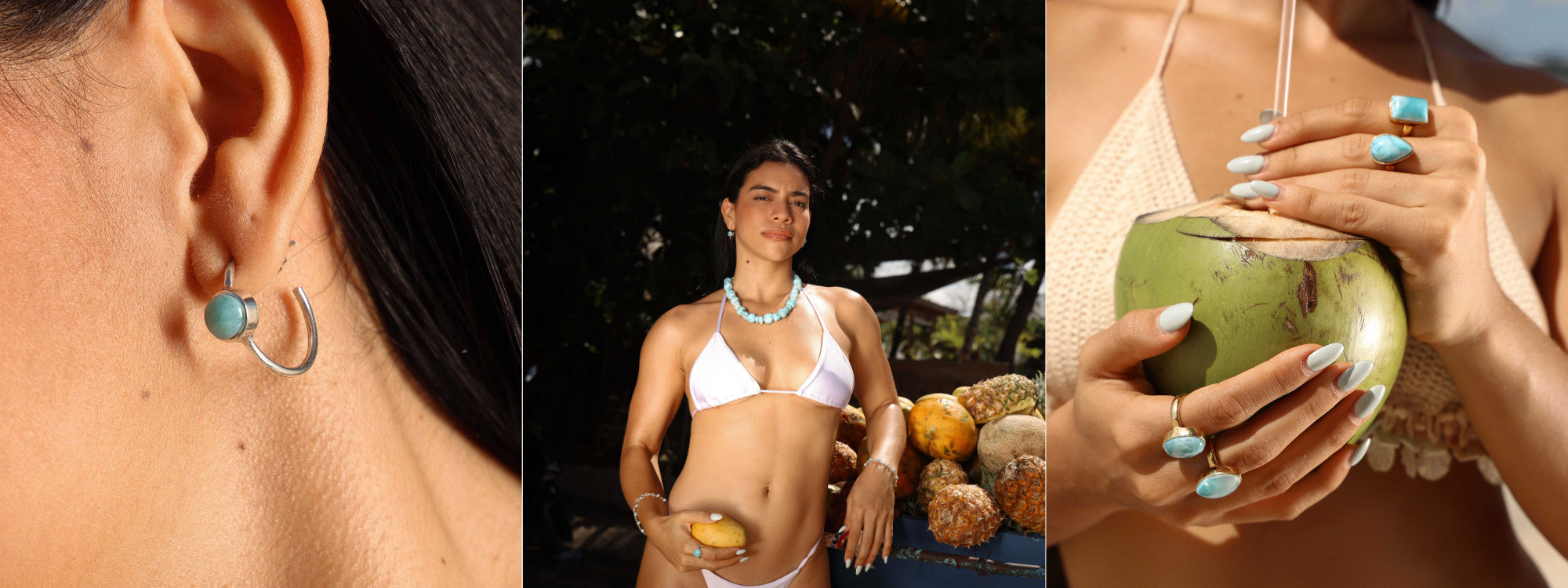 Women wearing blue Larimar earrings and pendant necklace