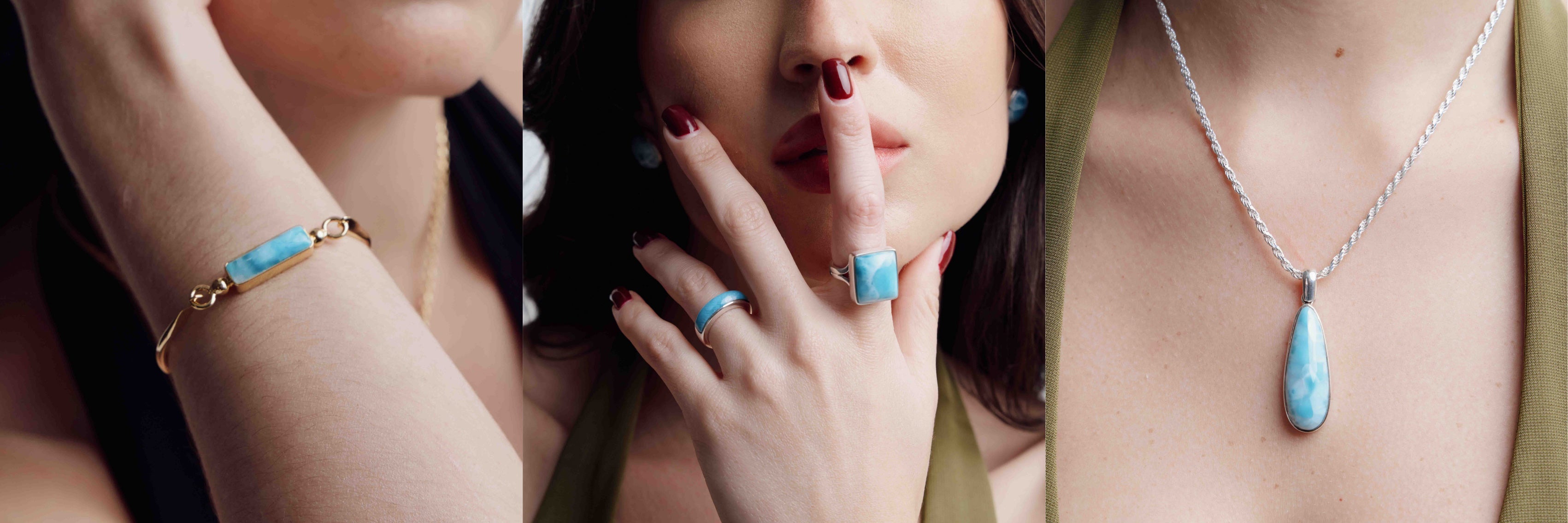 Women wearing Larimar pendant jewelry and rings