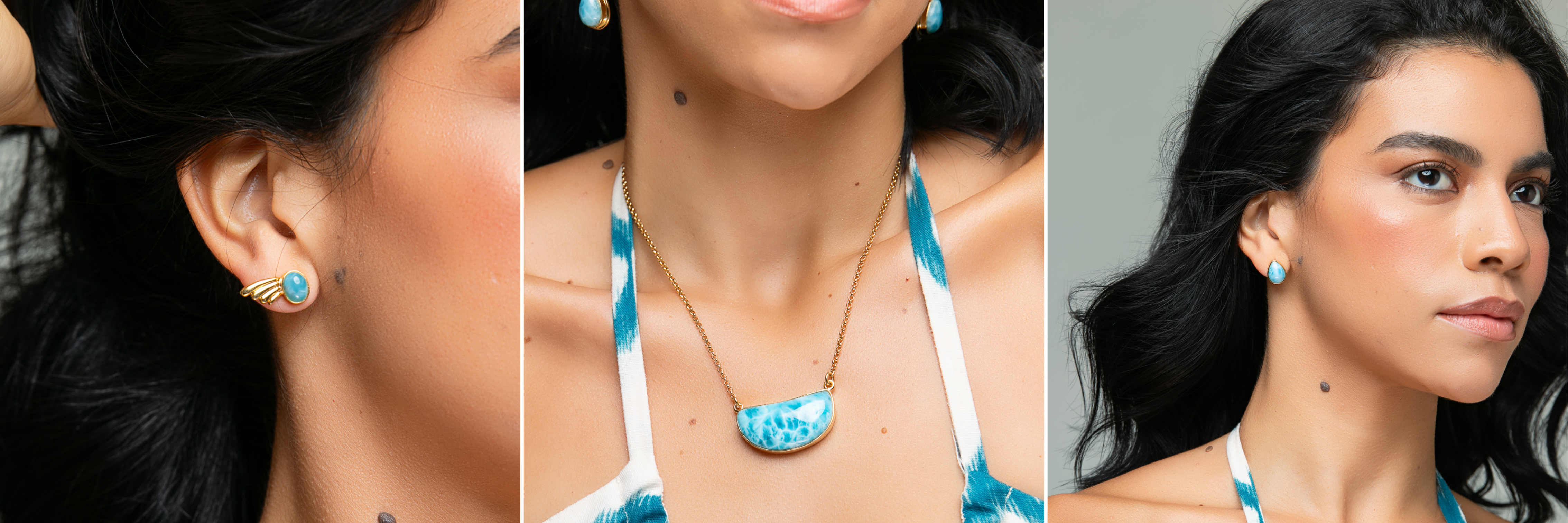 Women wearing blue Larimar earrings and pendant necklace