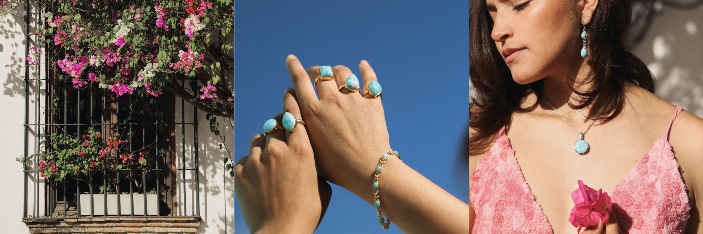Hands featuring Larimar rings and women wearing real Larimar earrings.
