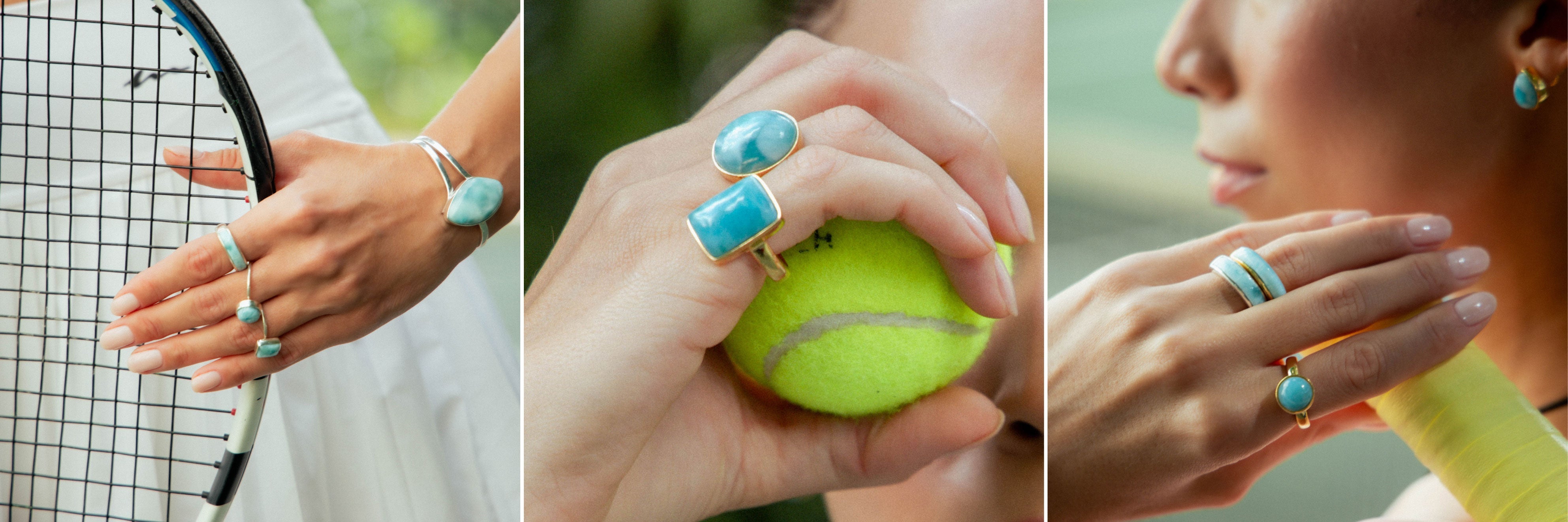 and wearing handcrafted Larimar jewelry—bracelet, ring, and earrings—holding a tennis racket in soft natural light.