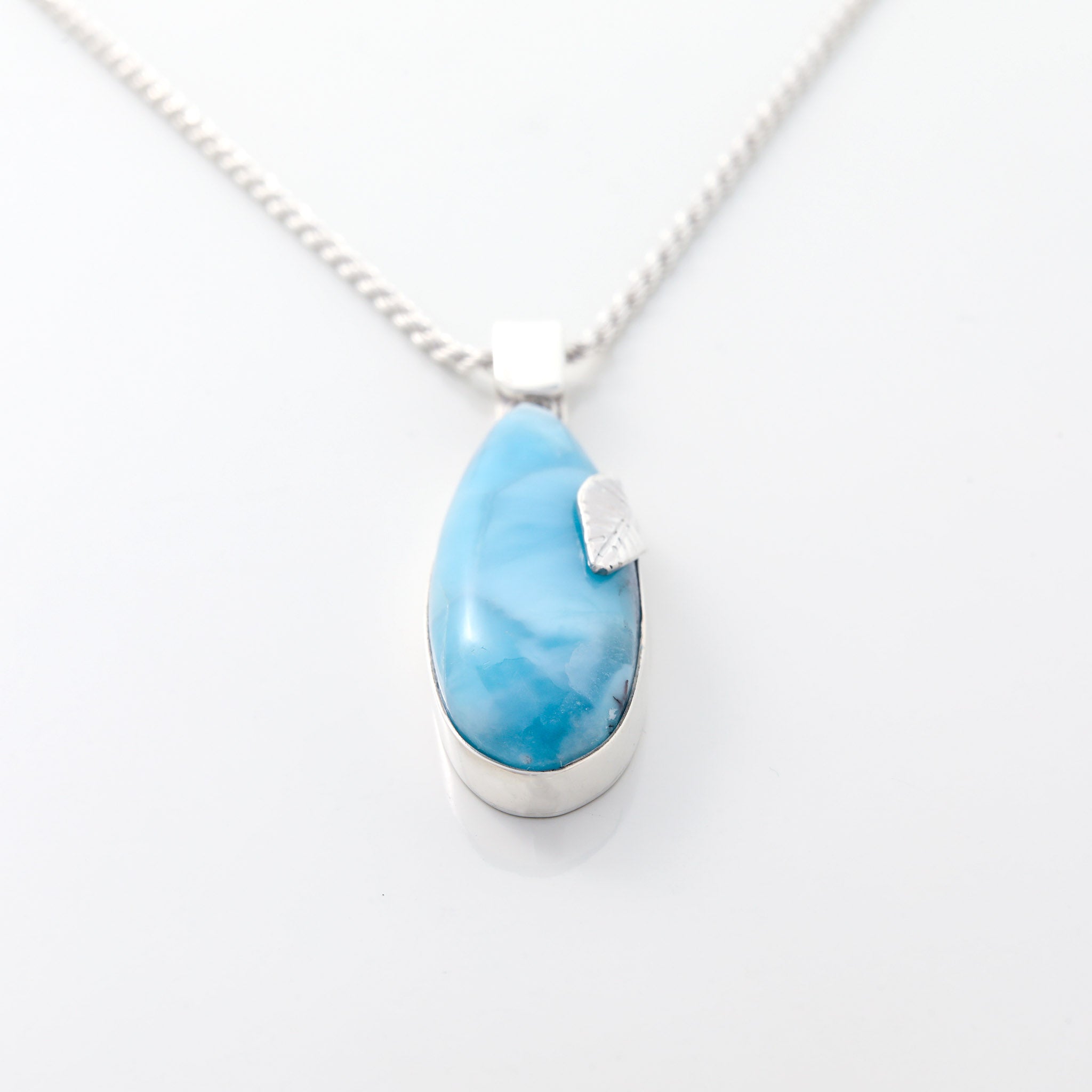 Pendant Larimar Stone with delicate silver leaf detailing