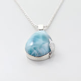 Larimar Pendant Verda showcases a stunning Larimar Stone with intricate silver leaf detailing