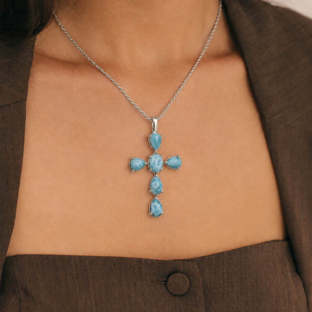 Larimar Cross Pendant Silver - Medium