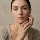 Woman wearing a flip ring with an Amber stone against a neutral background
