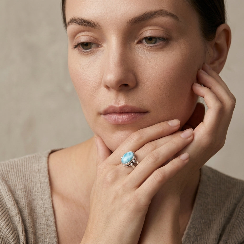 Woman wearing a reversible ring with a blue Larimar gemstone against a neutral background