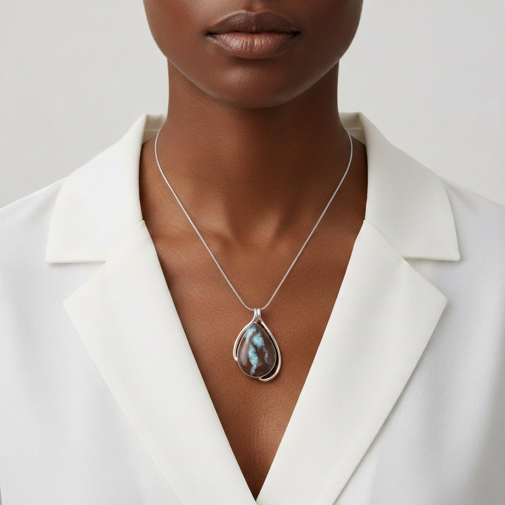 Woman wearing a silver Larimar necklace with a pendant against a neutral background