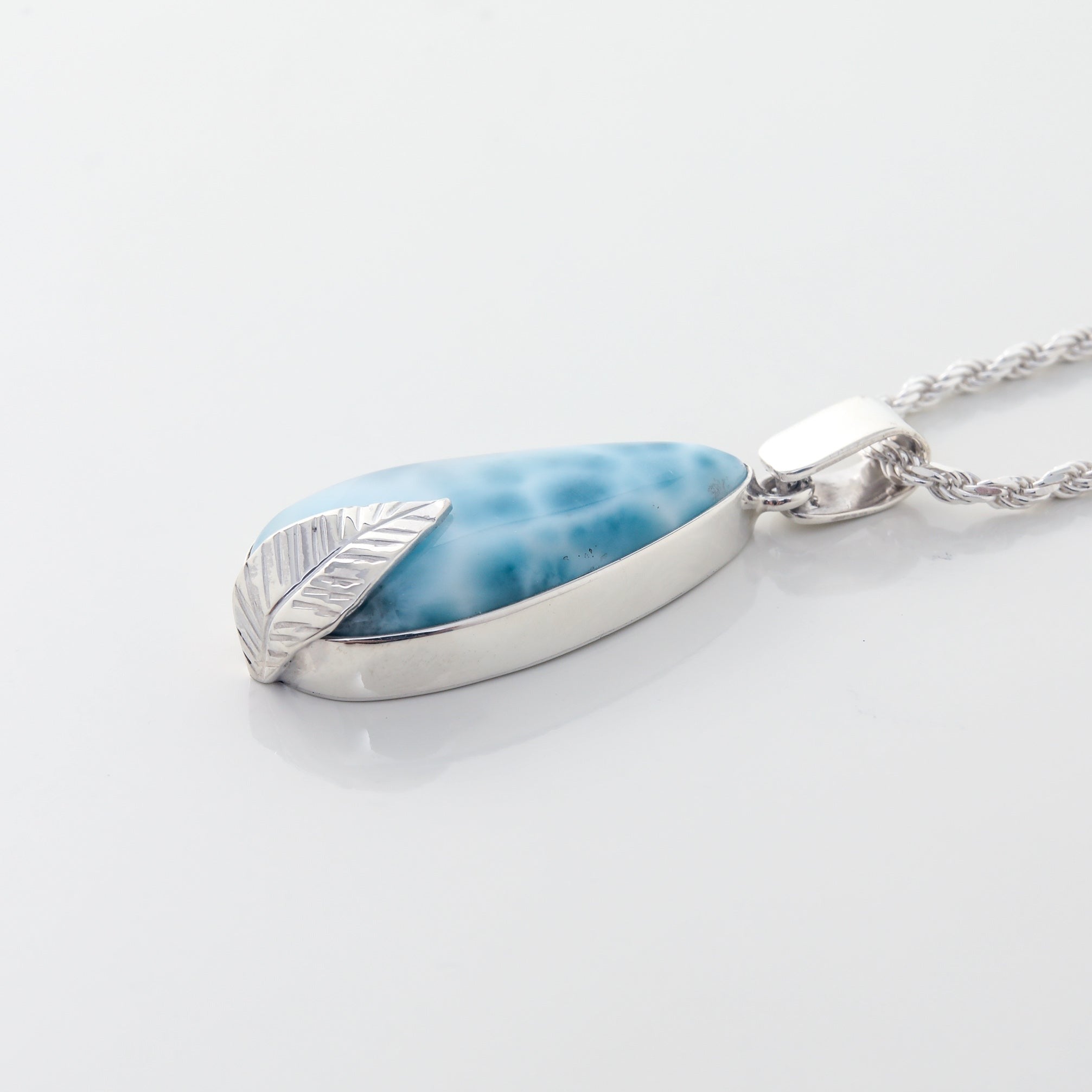 Larimar Teardrop Pendant with Silver Leaf Detail