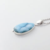 Larimar Blue Pendant Teardrop Shape with Silver leaf Detail