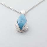 Larimar Blue Pendant Teardrop Shape with Silver leaf Detail