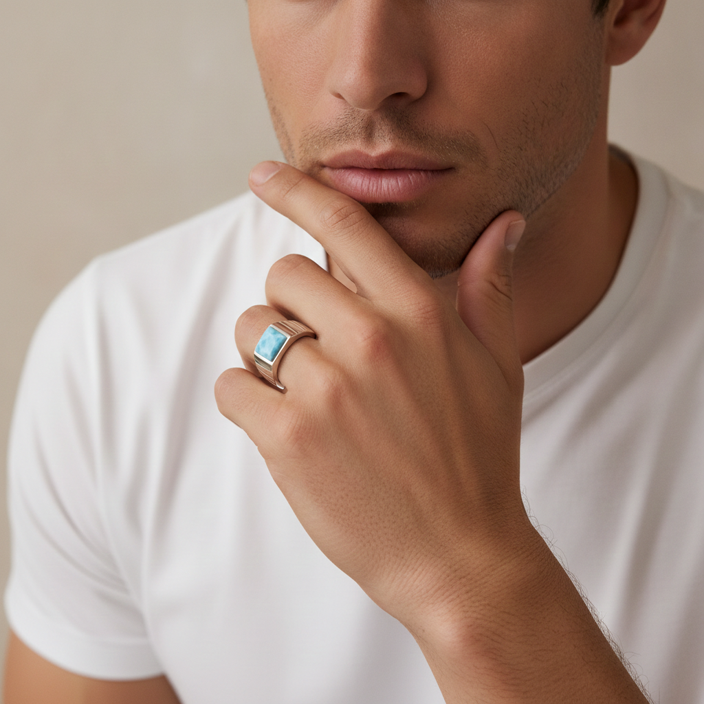 A close-up lifestyle shot of a man wearing a silver-toned ring with a rectangular Larimar blue stone on his ring finger, dressed in a white t-shirt against a neutral beige background.