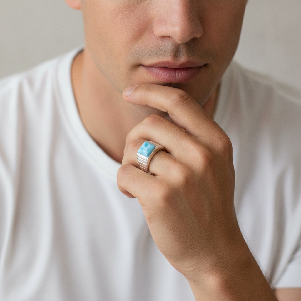 A close-up of a man wearing a silver-toned ring with a square Larimar stone on his ring finger, wearing a white t-shirt against a neutral background.