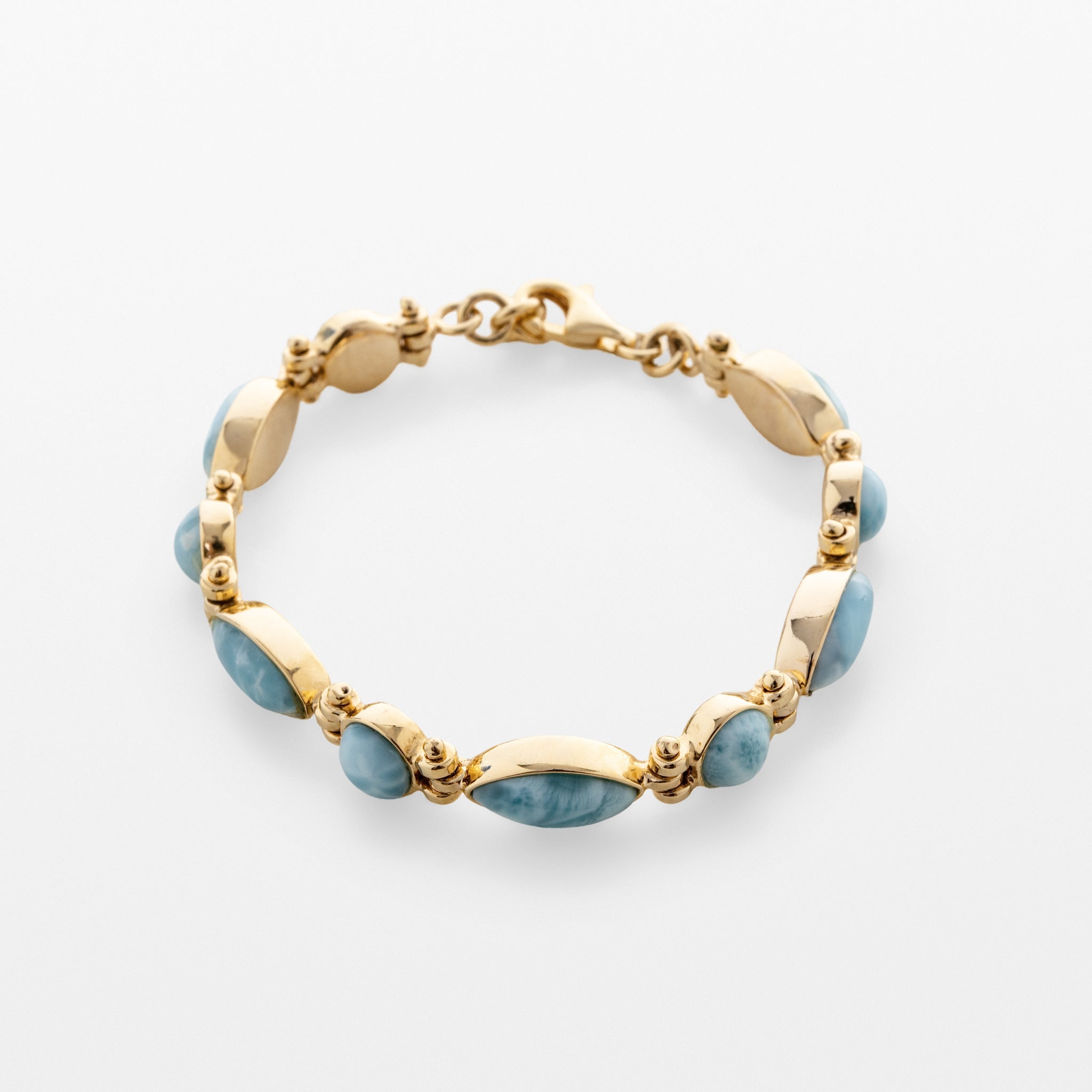 Solara Tennis Bracelet made of real Larimar stones on a white background 