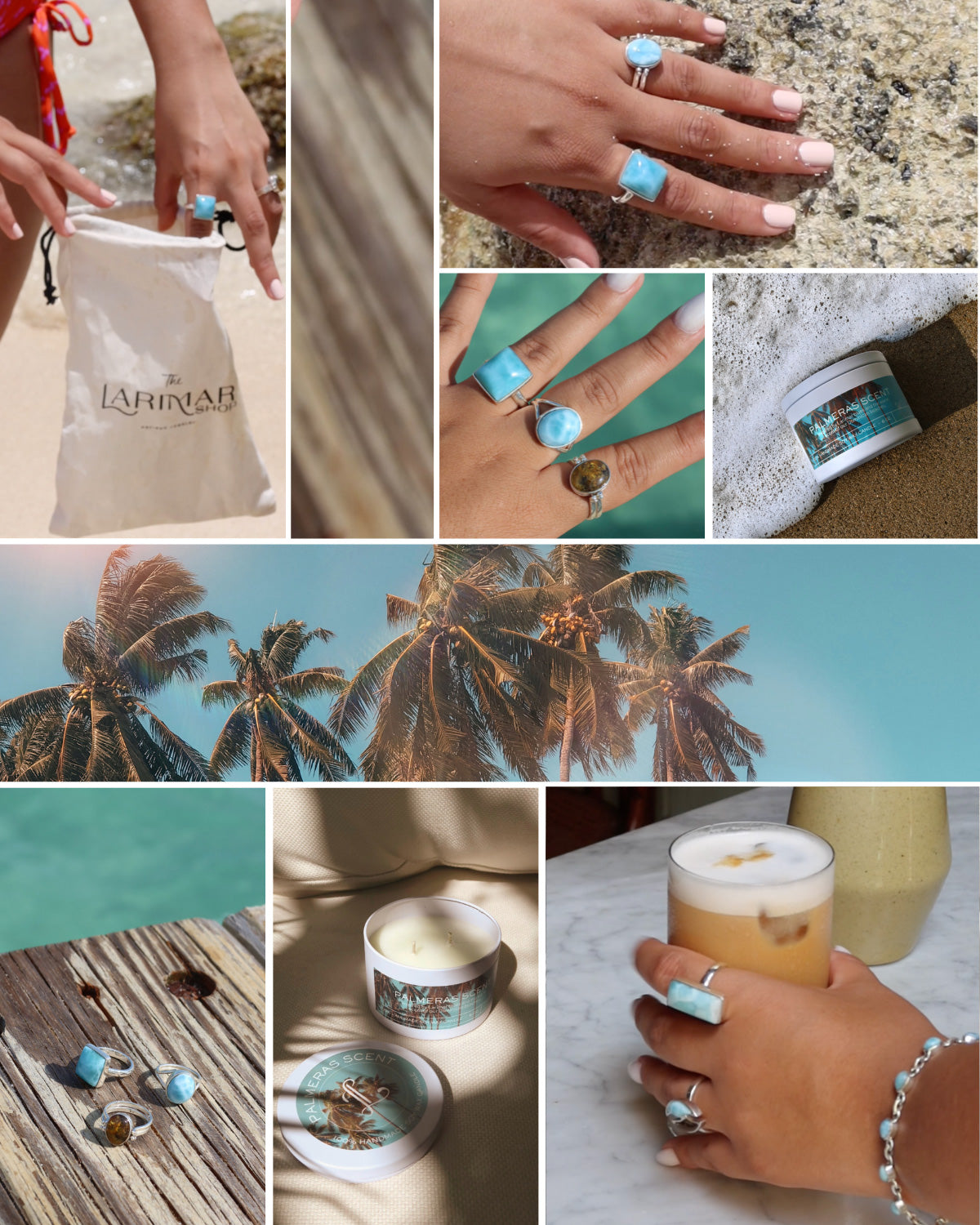 Assorted larimar rings and a woman wearing larimar stone rings at the beach with summer-scented candles and palm trees in the background.