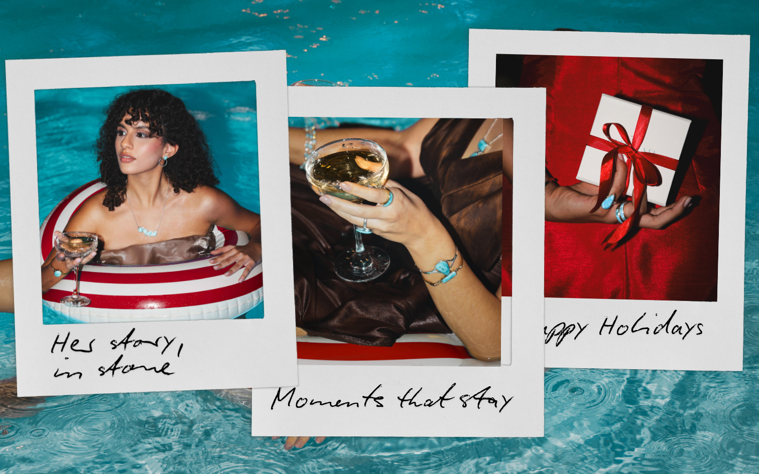 Three Polaroid-style photos on a blue background with text and people holding drinks or gifts and Dominican Larimar jewelry.