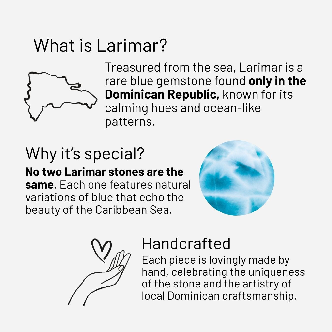 Information about Larimar gemstone, including its origin, characteristics, and craftsmanship.