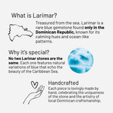 Information about Larimar gemstone, including its origin, characteristics, and craftsmanship.