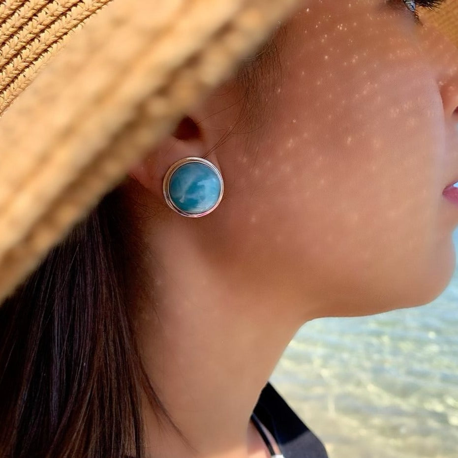 Round Larimar Clip On Earrings, Maggie